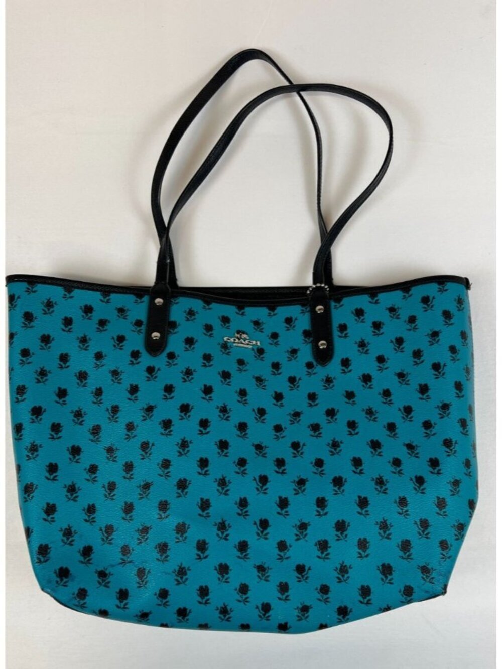 Coach Women Blue Rose Floral Print City Tote Bag Black Leather Trim F25917
